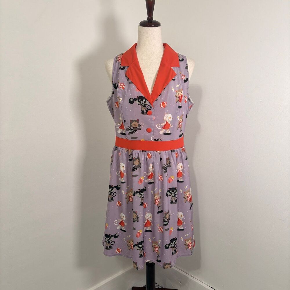 Sourpuss Circus Cats June Swing Dress Sz XL Purple - Picture 2 of 7